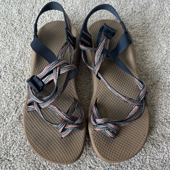 Chaco ZCloud X2 Double Strap Toe Loop Multicolor Sport Sandals Tan Blue Water - Picture 2 of 9